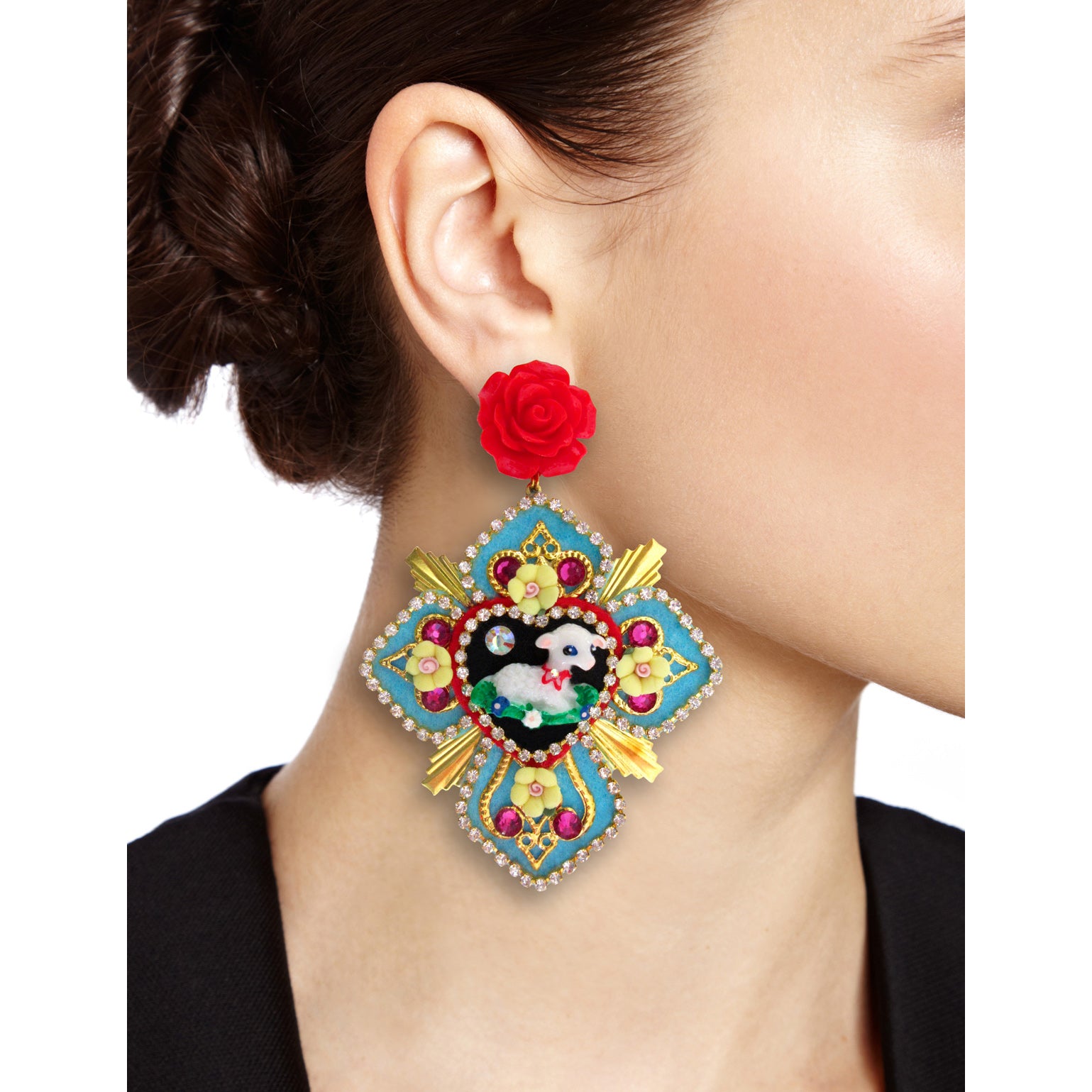 Mouchkine Jewelry couture glamour cross and sheep pendant earrings.