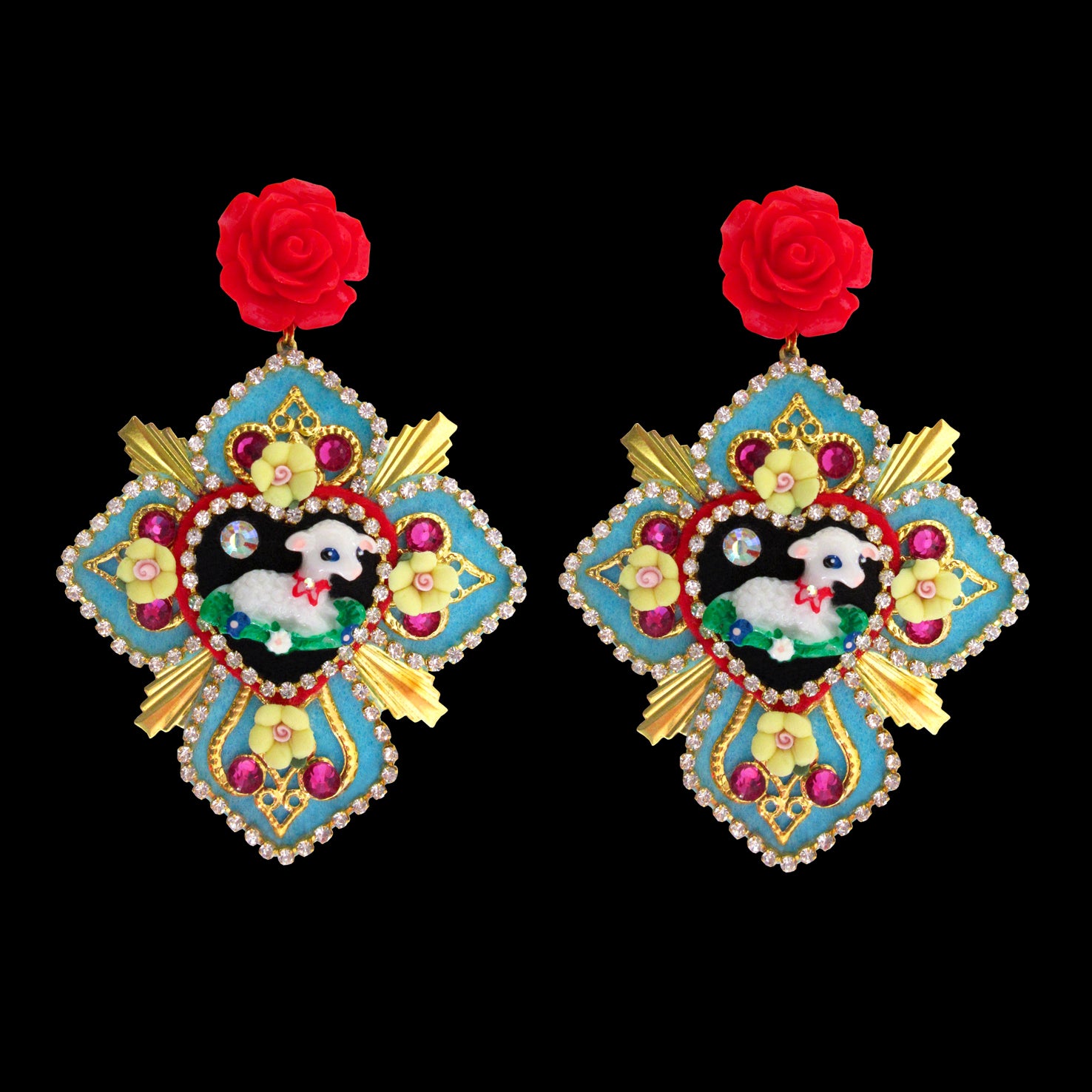 Mouchkine Jewelry haute couture handmade cross and sheep earrings.