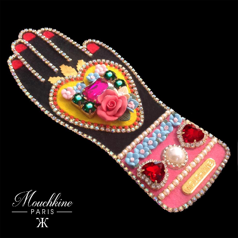 mouchkine jewelry haute couture brooch : a sublime hand with a heart full of flowers and rhinestones