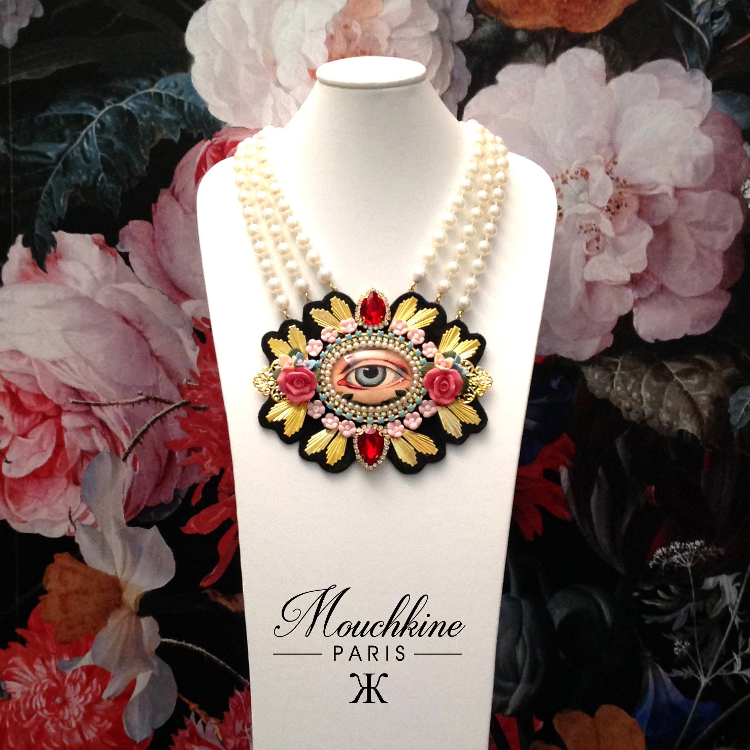 mouchkine jewelry a made in france haute couture eye necklace with ceramic flowers