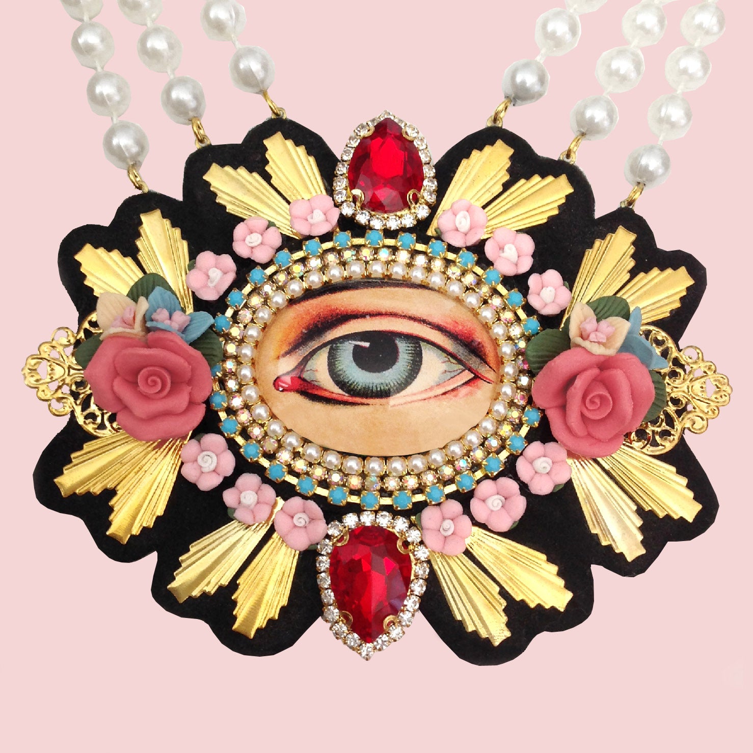 mouchkine jewelry haute couture shiny eye necklace with ceramic flowers