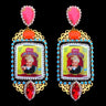 mouchkine jewelry handmade earrings, an abuelita chic picture with red, pink and orange crystals. A luxury haute couture creation.