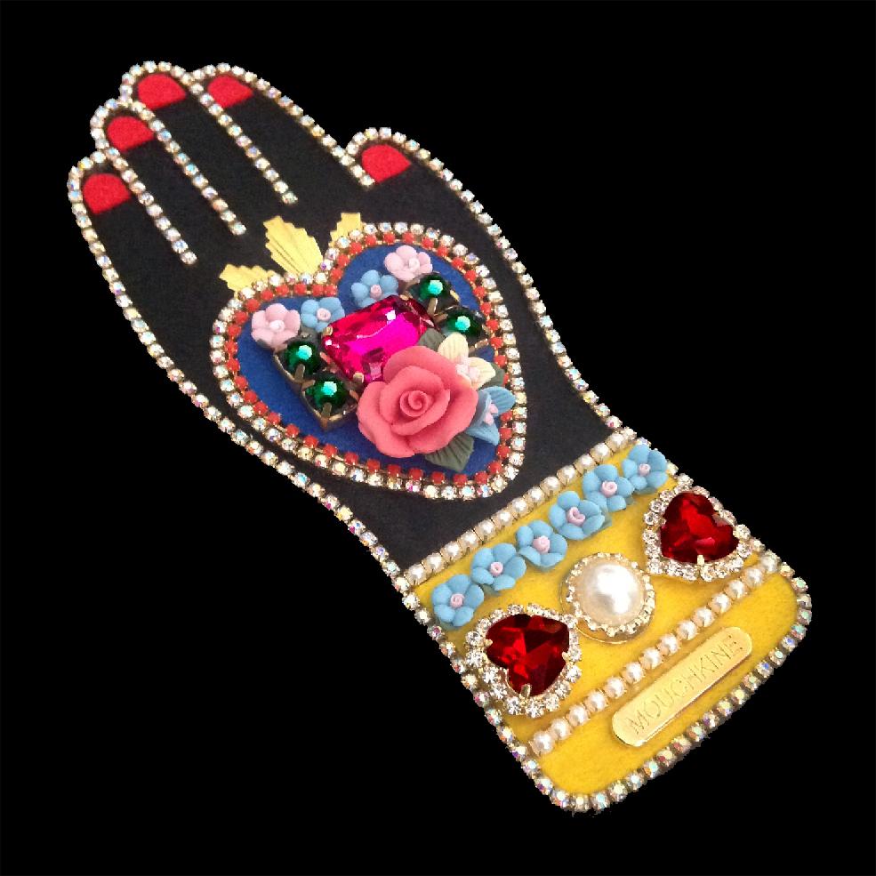 mouchkine jewelry haute couture brooch : a sublime hand with a heart full of flowers and rhinestones