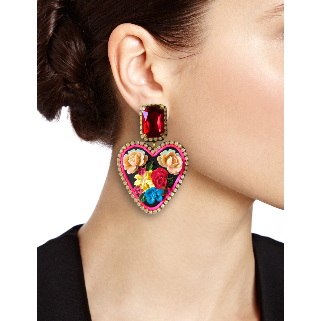 Mouchkine Jewelry floral heart glamour statement earrings.