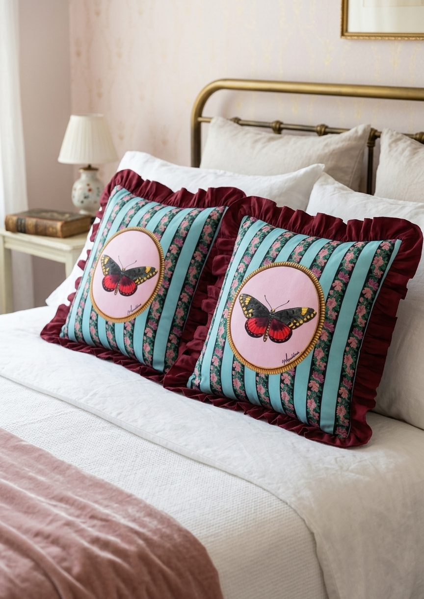 I Détail médaillon doré papillon aux ailes écarlates et jaunes sur fond rose — coussin velours Mouchkine Jewelry
