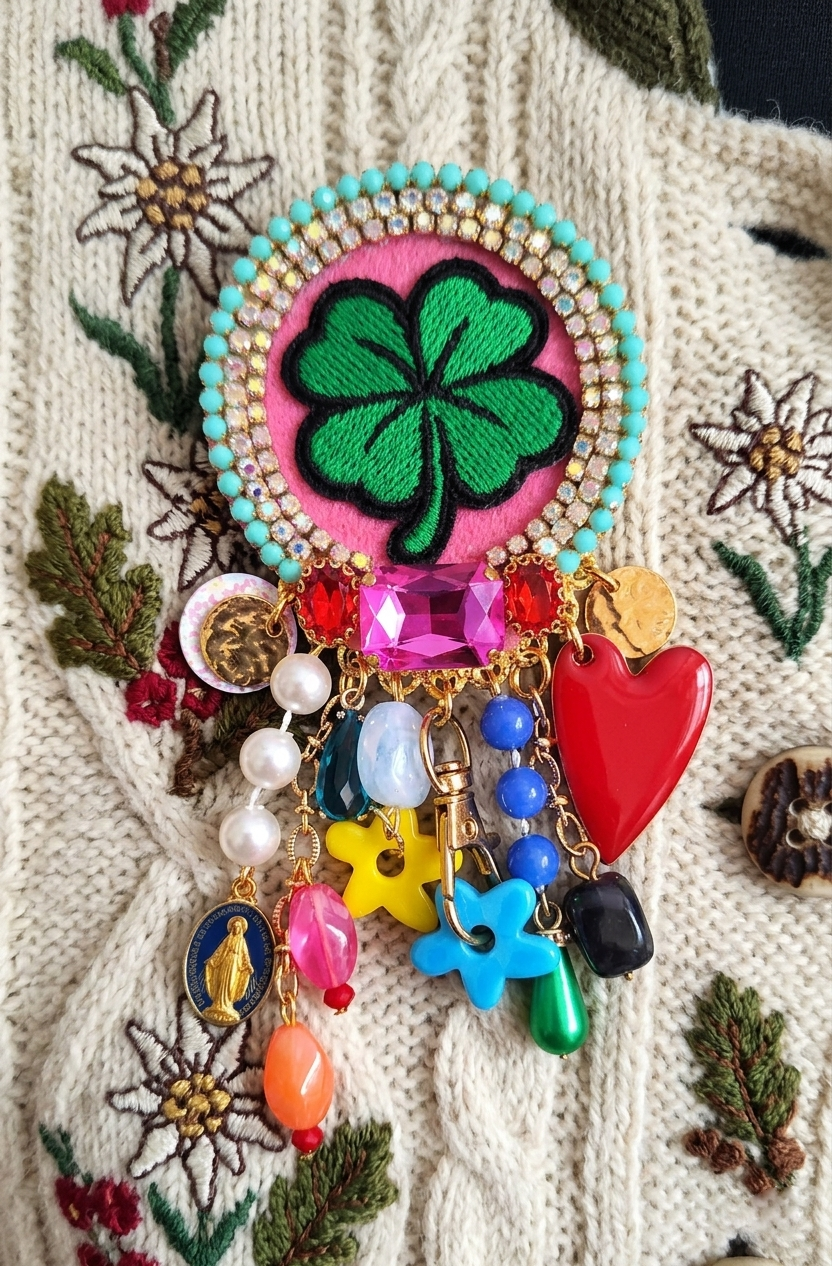 Broche Lucky porte-bonheur trèfle brodé strass irisés – Mouchkine Jewelry