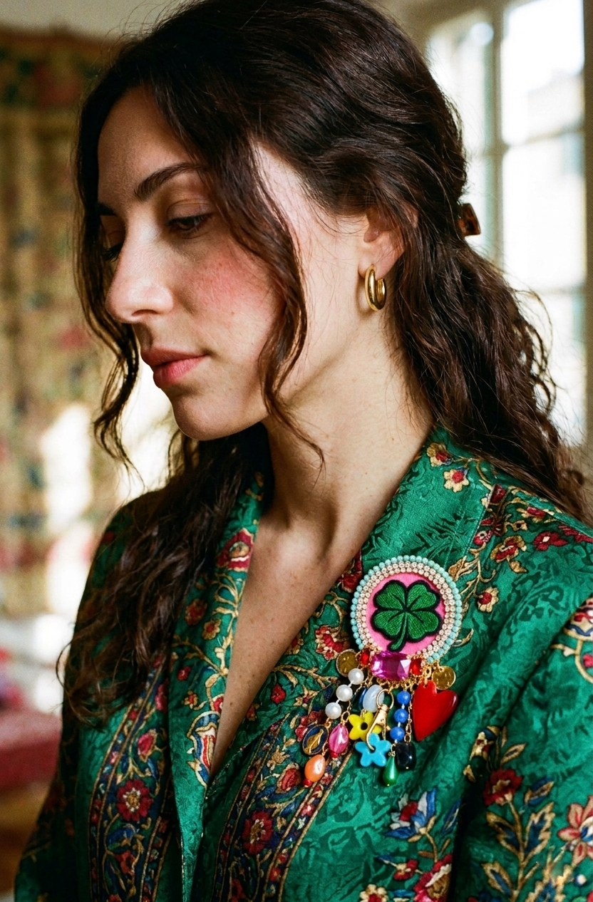 	Broche trèfle porte-bonheur gris-gris bijou haute couture – Mouchkine Jewelry