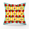  Housse coussin Summer 50x50cm — velours rayures jaune et rose, hibiscus écarlates, poissons tropicaux et coquillages, fond bleu lagon — Mouchkine Jewelry
