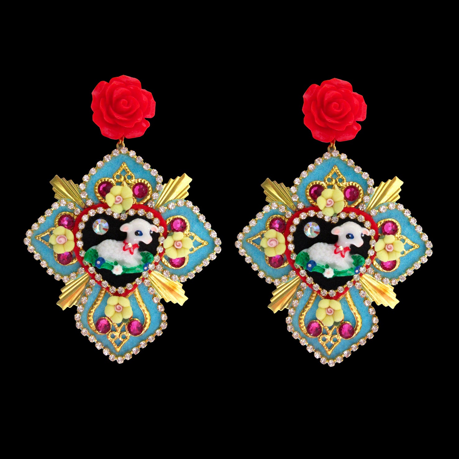 Mouchkine Jewelry haute couture handmade cross and sheep earrings. 