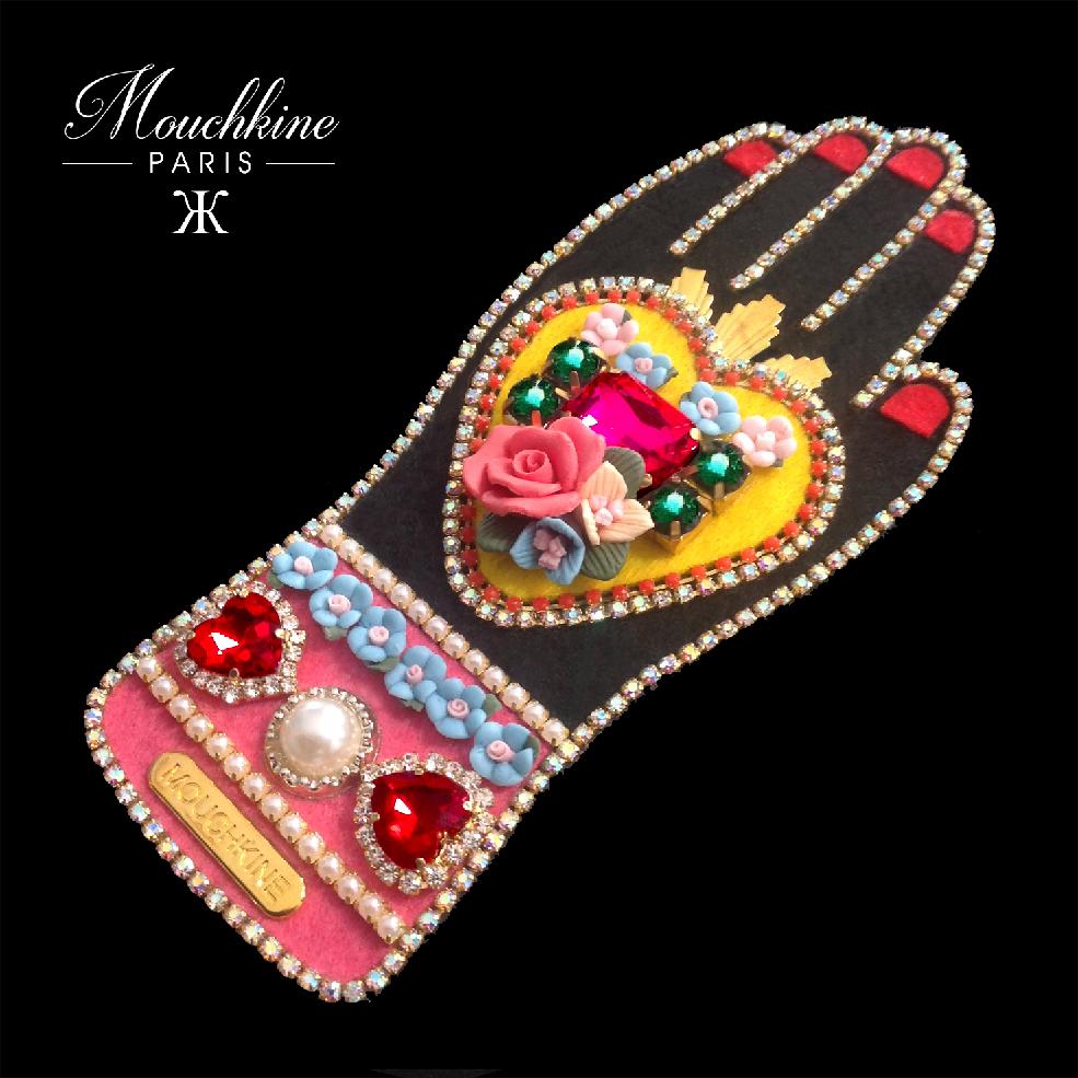 mouchkine jewelry haute couture brooch : a sublime hand with a heart full of flowers and rhinestones 