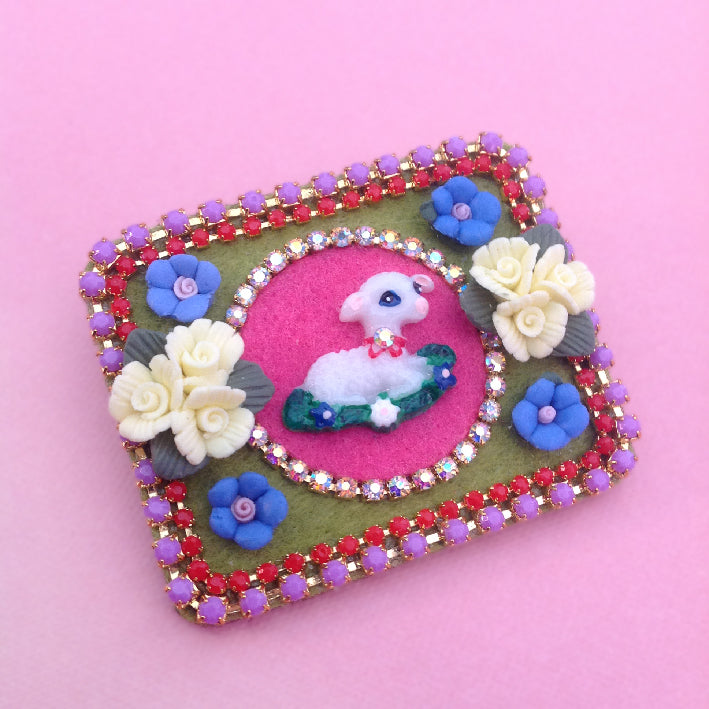 mouchkine jewelry colorful pop chic brooch with a sheep and ceramic flowers