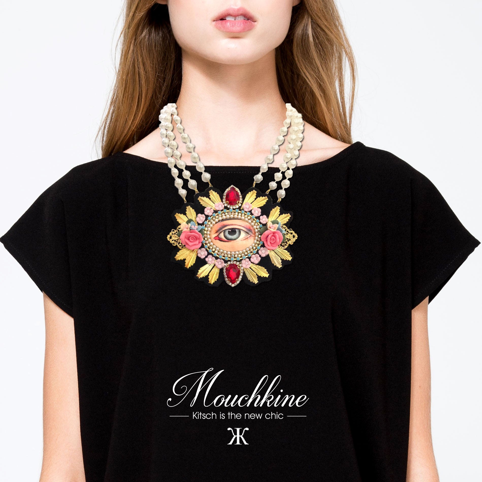 mouchkine jewelry chic and trendy haute couture eye necklace with ceramic flowers
