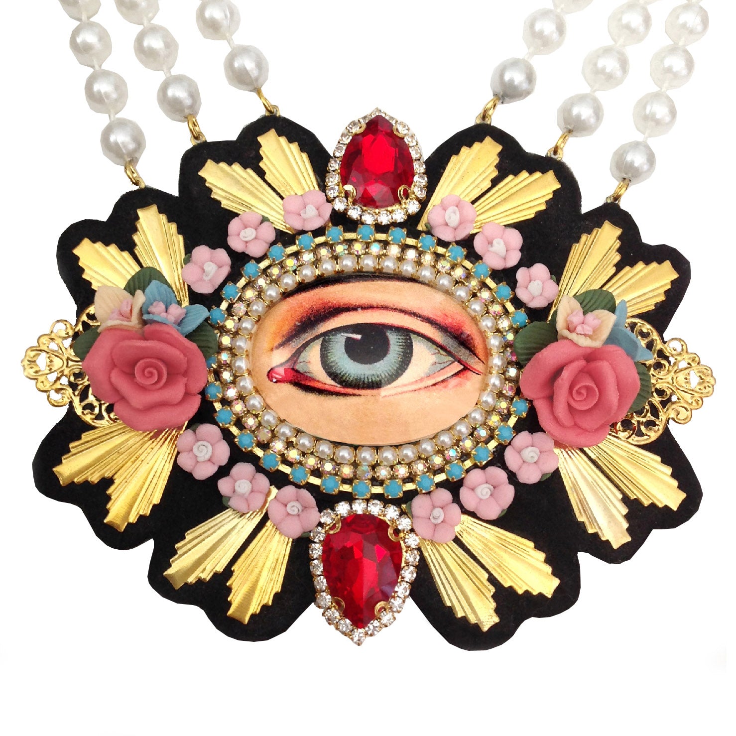 handmade mouchkine jewelry haute couture eye necklace with ceramic flowers