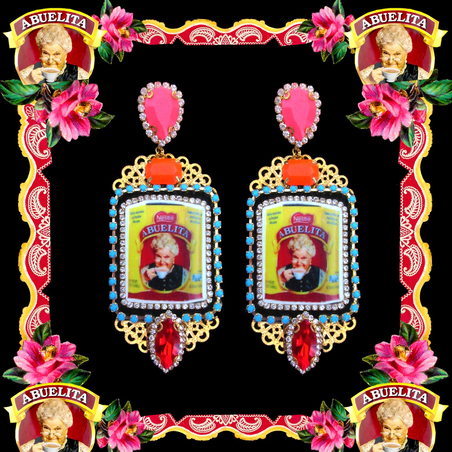 mouchkine jewelry handmade earrings pendant, an abuelita chic picture with red, pink and orange crystals. A luxury haute couture creation.
