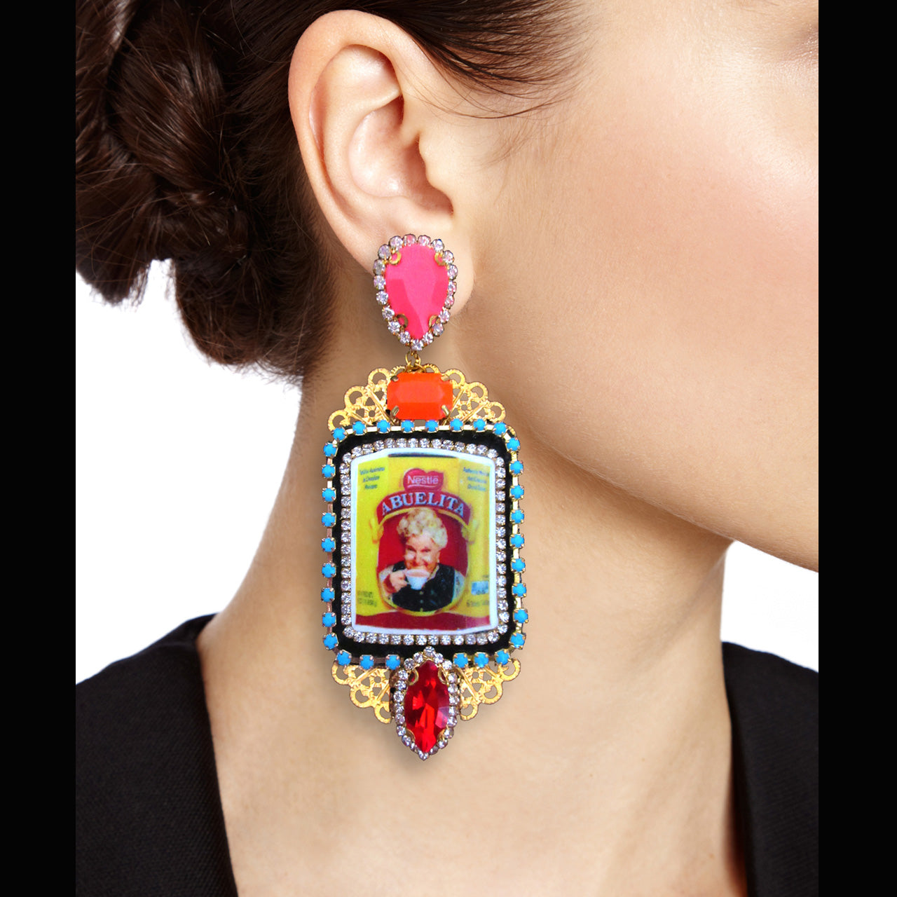 mouchkine jewelry earrings, an abuelita retro chic picture with red, pink and orange crystals. A unique style with a haute couture tone.