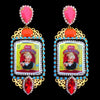 mouchkine jewelry handmade earrings, an abuelita chic picture with red, pink and orange crystals. A luxury haute couture creation.