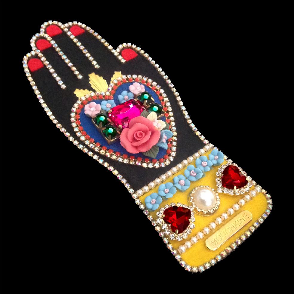 mouchkine jewelry haute couture brooch : a sublime hand with a heart full of flowers and rhinestones 