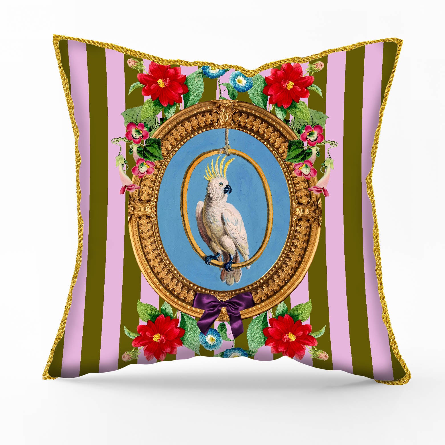 mouchkine jewelry luxury velvet cushion with floral parrot on pink stripes