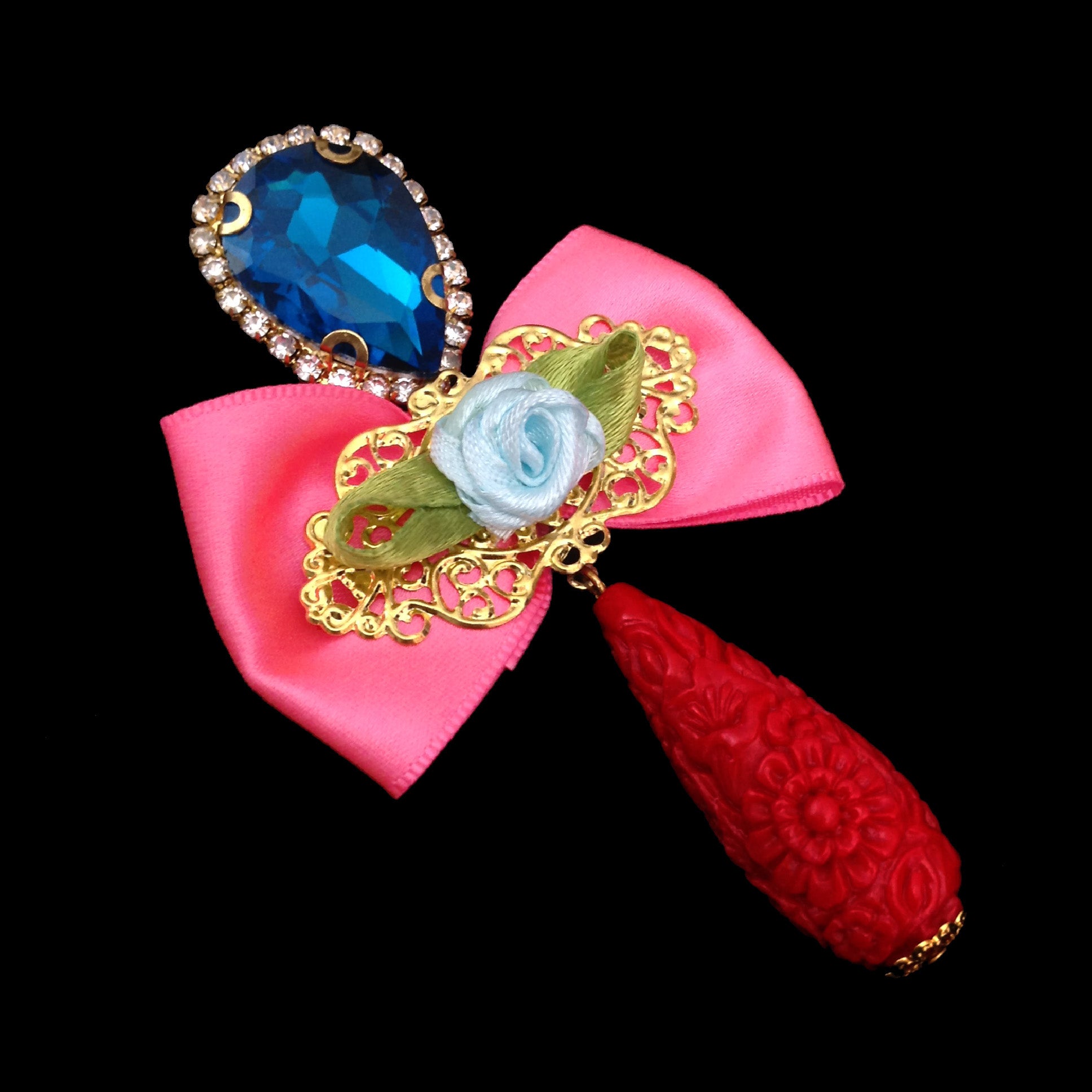 mouchkine jewelry chic bow earrings, pink and blue jewel, handmade in france.