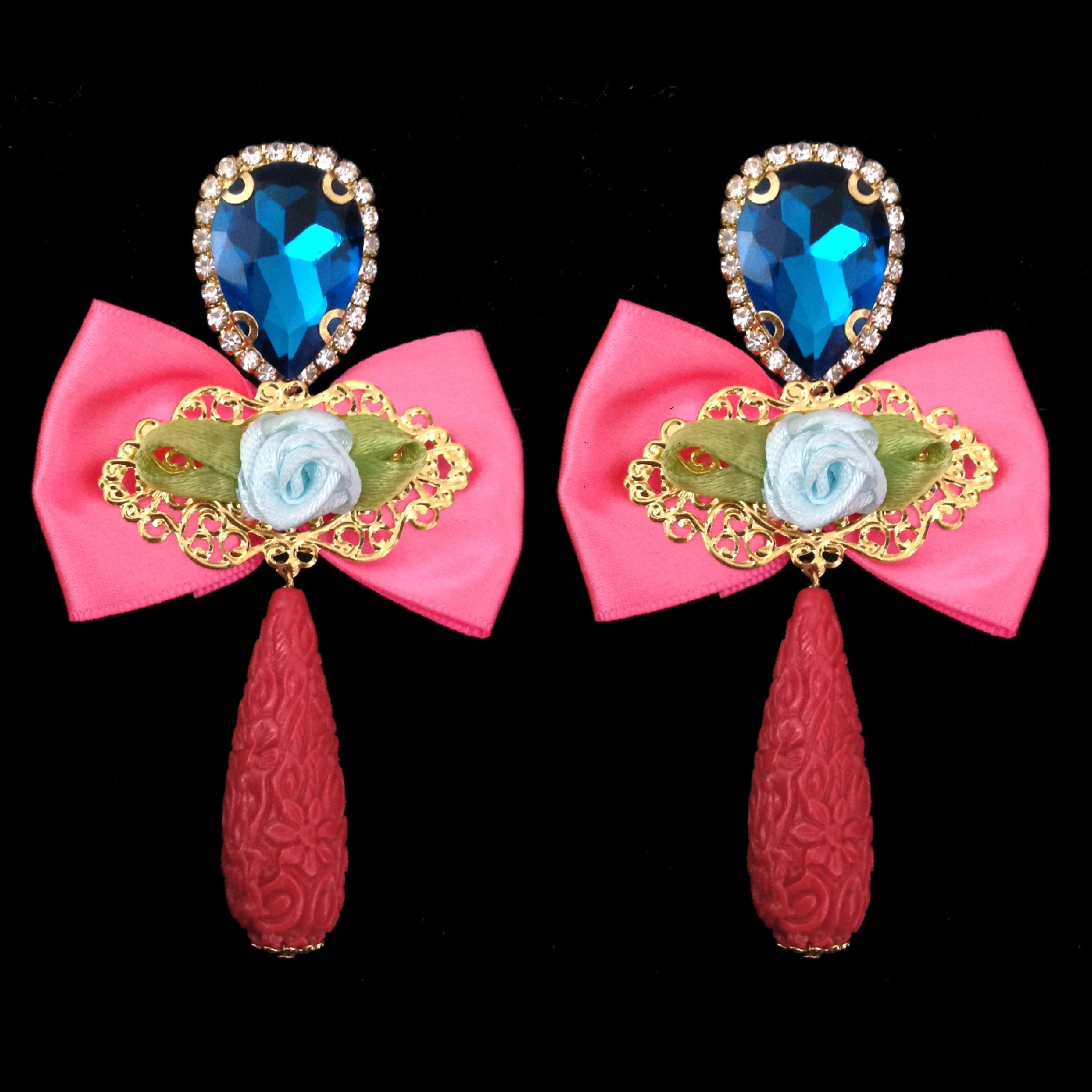 mouchkine jewelry chic bow earrings, pink and blue jewel, handmade in france.