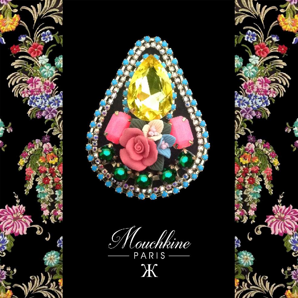 mouchkine jewelry chic brooch with yellow crystal and ceramic flowers