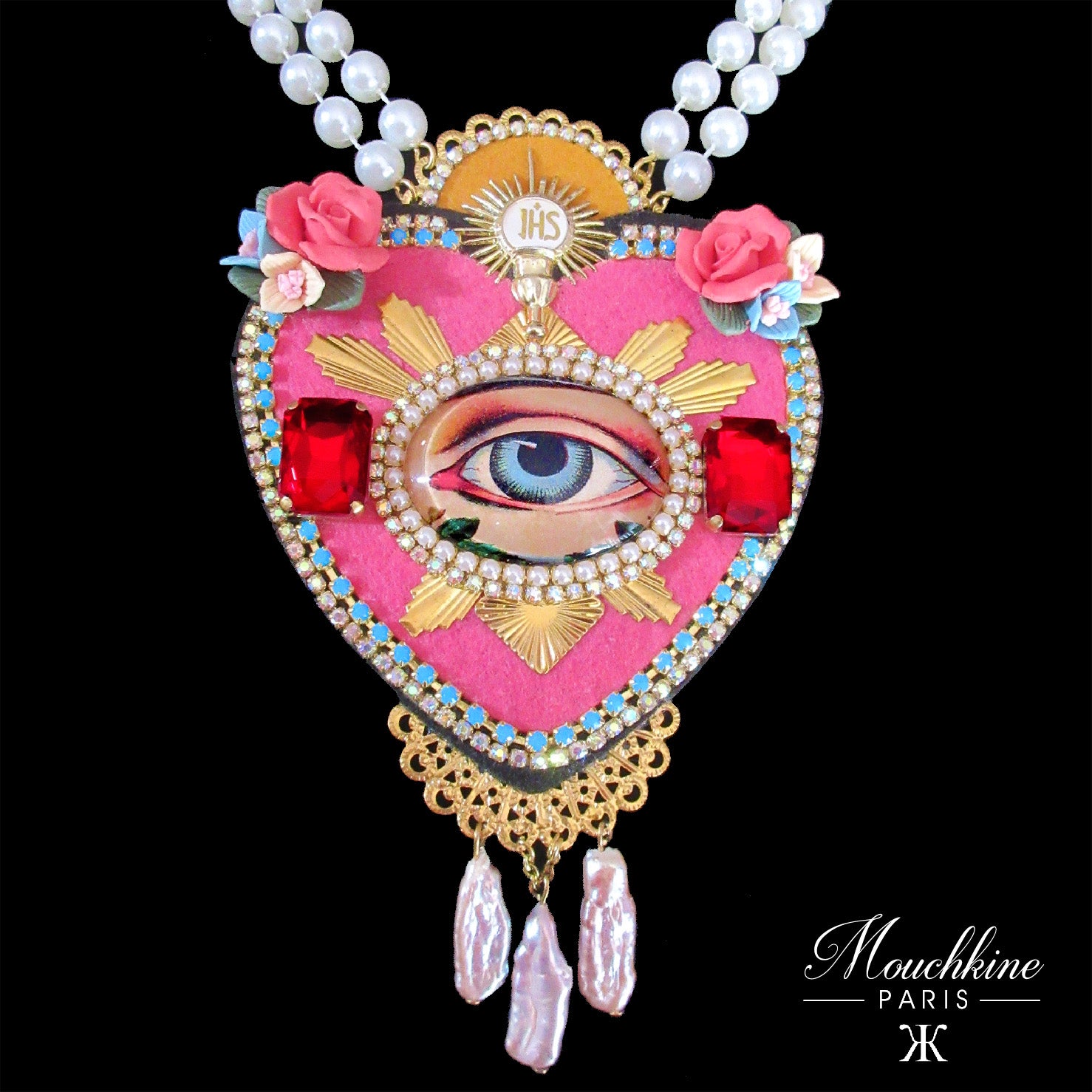 mouchkine jewelry couture pink heart with a center vintage eye necklace