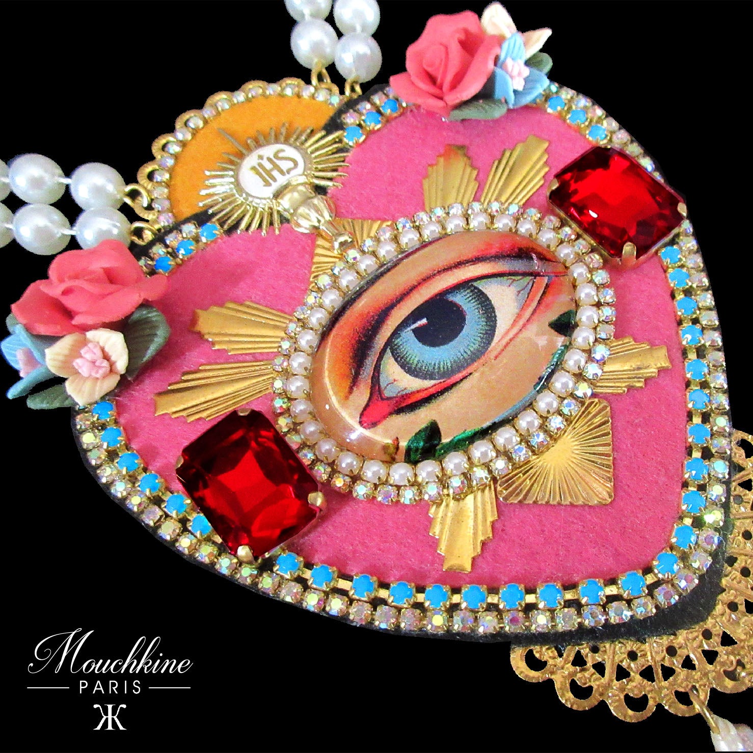 mouchkine jewelry luxury handmade in france pink heart with antique eye necklace