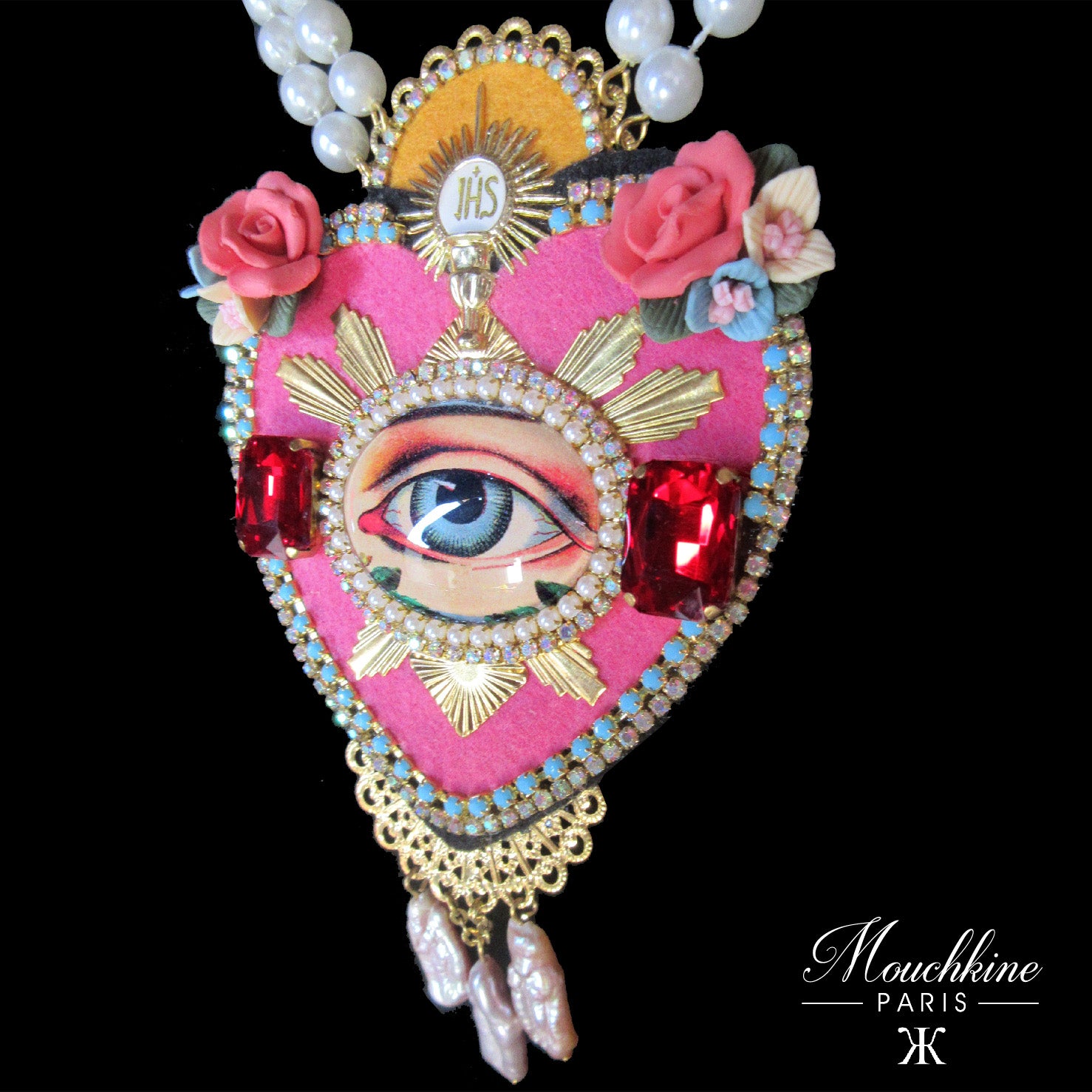 mouchkine jewelry luxury handmade necklace. a pink heart with an antique eye and real pearls.