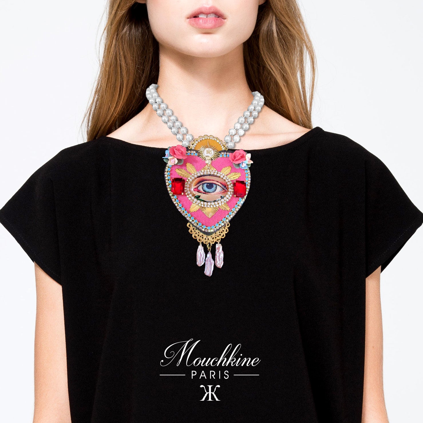 mouchkine jewelry handmade luxury statement pink heart necklace
