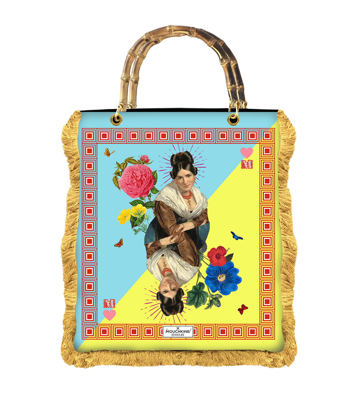 mouchkine jewelry luxury velvet bag with painted queen of heart sac à main chic et élégant en velours avec anses bambou et visuel reine de coeur